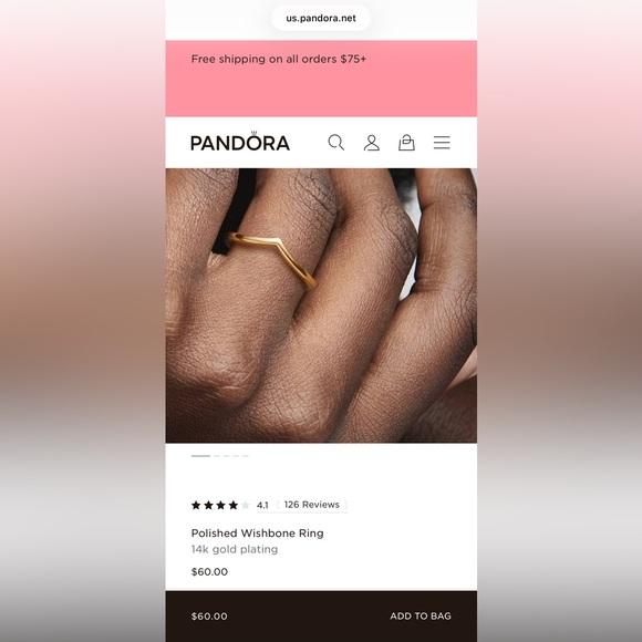 Pandora 14k Gold Plated Polished Wishbone Ring- Size 10 - Picture 6 of 8